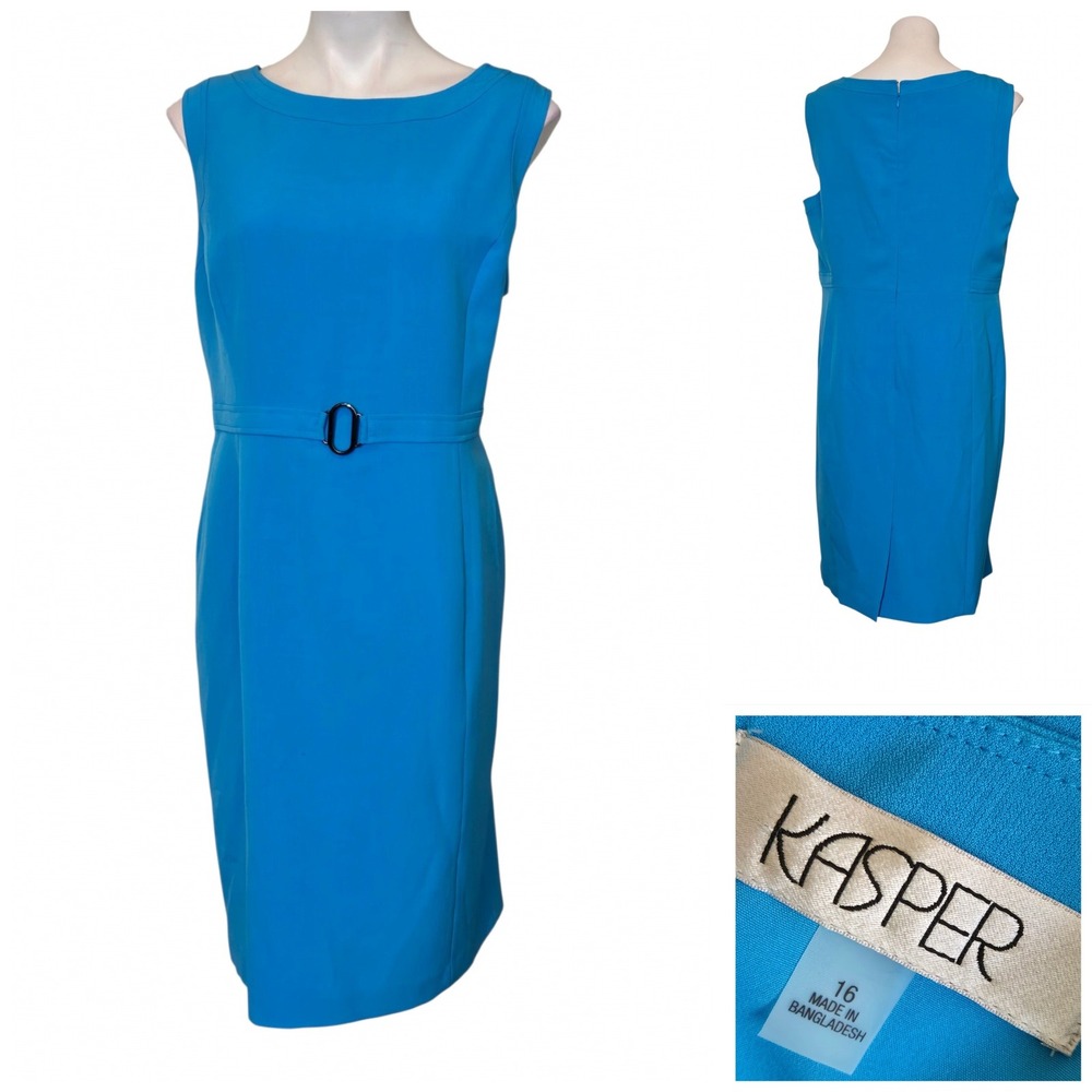 Kasper Blue Sleeveless Belted Sheath Dress Size 16 Turquoise Boat Neck Business